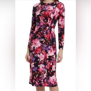 Maggy London Floral Front Twist Long Sleeve Midi Dress